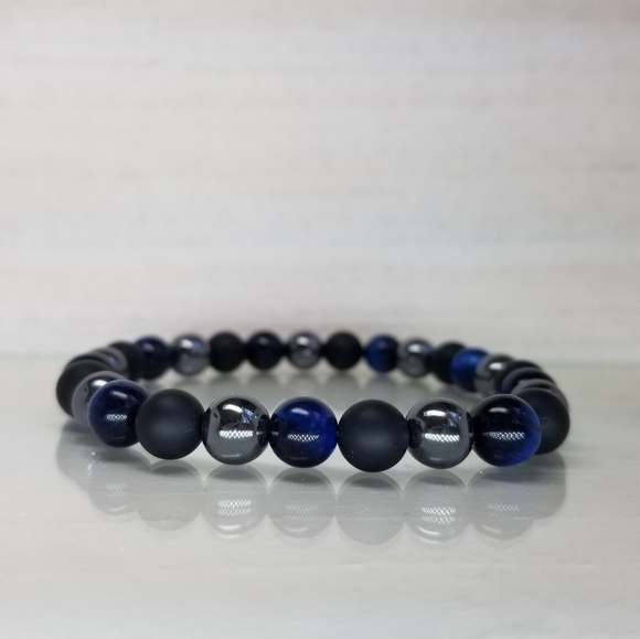 Blue Tiger Eye, Onyx & Hematite Stretch Bracelet - Picture 3 of 9